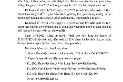 Công an huyện Vĩnh Lộc thông báo Kế hoạch TTKS tuần 21 (từ 03/4/2023 đến 09/4/2023)