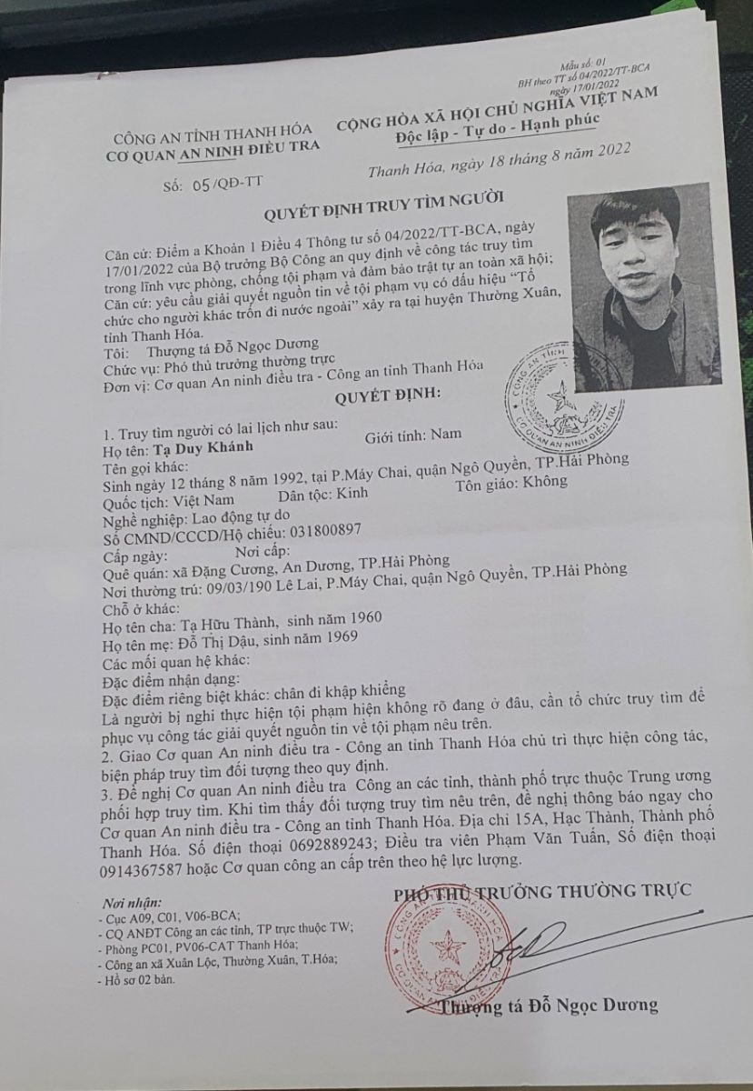 Thông báo truy tìm người do Cơ quan ANĐT Công an tỉnh Thanh Hóa ra quyết định