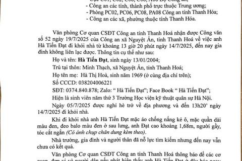 Thông báo truy tìm người số 287/TB-VPCQCSĐT ngày 24/7/2025 của Văn phòng Cơ quan CSĐT(PC01) Công an tỉnh Thanh Hóa