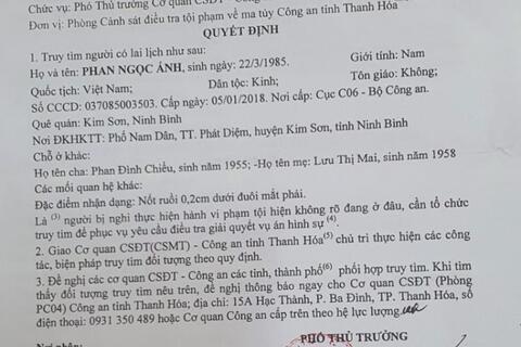 Quyết định truy tìm người số 05 ngày 10/4/2023 của Phòng CSĐT tội phạm về ma túy công an tỉnh Thanh Hóa