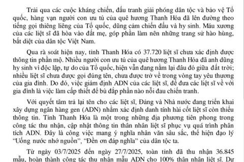 Thư kêu gọi của Chủ tịch UBND tỉnh ủng hộ kinh phí phân tích mẫu ADN của thân nhân liệt sĩ