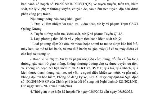 Kế hoạch Tuần 19 Trạm CSGT Quảng Xương Phòng PC08 (02/5/2022 - 08/5/2022)