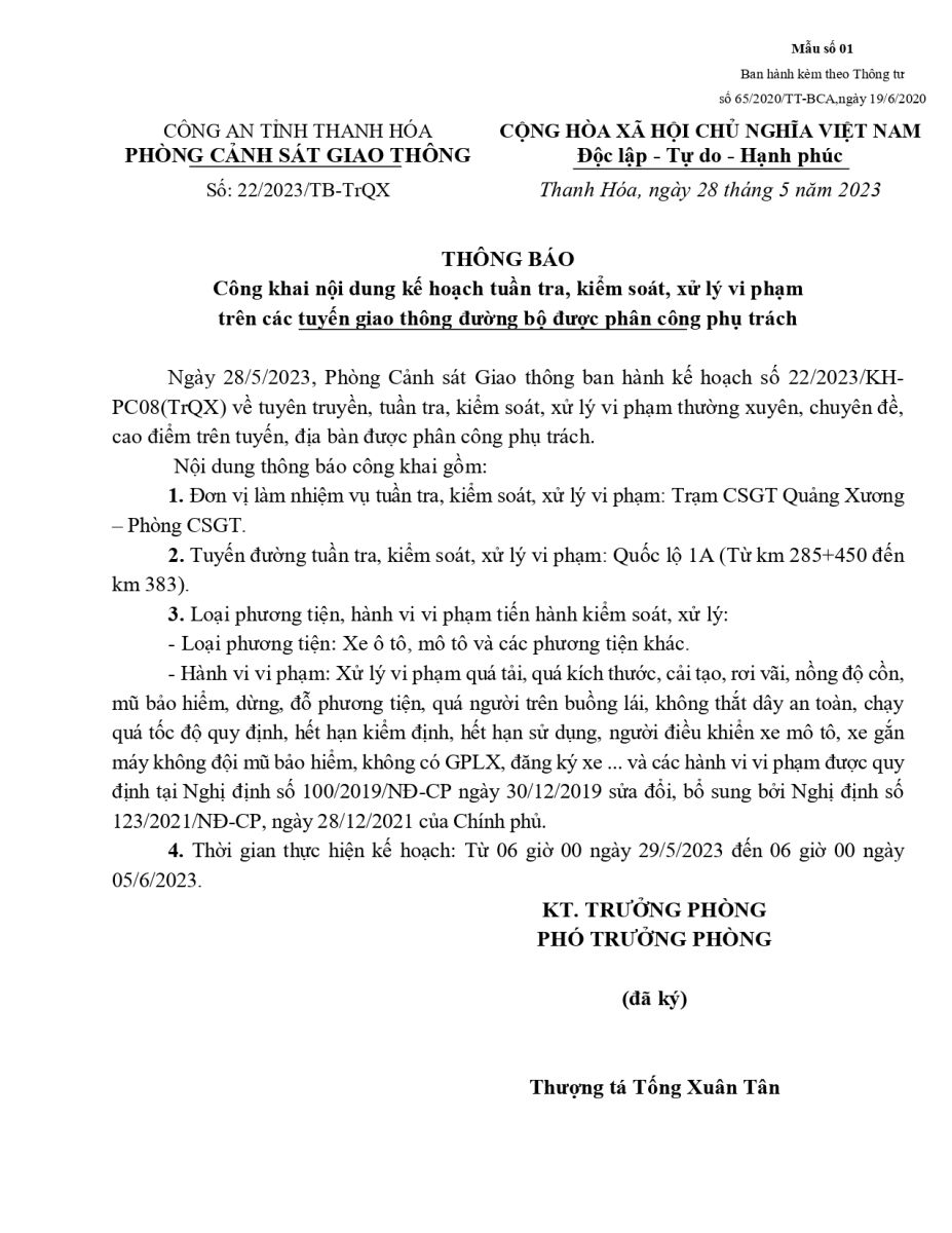 Thông báo công khai nội dung Kế hoạch Tuần tra kiểm soát trên tuyến của Trạm CSGT Quảng Xương, Phòng PC08 (từ ngày 29/5/2023 đến ngày 5/6/2023)