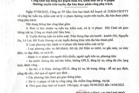 Kế hoạch tuần tra kiểm soát xử lý VP TTATGT trên tuyến địa bàn thành phố Sầm Sơn từ ngày 8/8/2022-14/8/2022