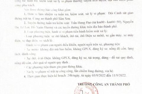 Kế hoạch tuần tra kiểm soát xử lý vi phạm TTATGT trên địa bàn thành phố Sầm Sơn từ ngày 5/8/2022 đến ngày 11/9/2022