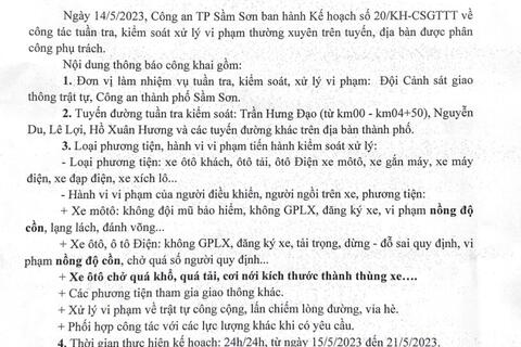 Kế hoạch tuần tra kiểm soát xử lý vi phạm TTATGT trên địa bàn thành phố Sầm Sơn từ ngày 15/5/2023-21/5-2023