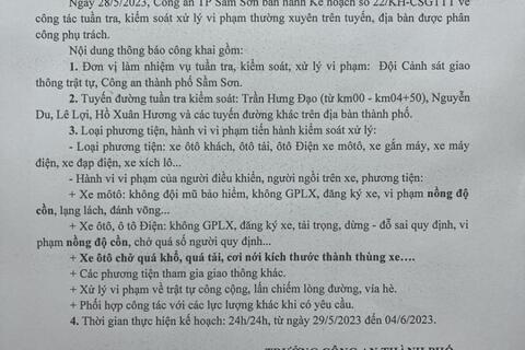 Kế hoạch tuần tra kiểm soát xử lý vi phạm TTATGT trên địa bàn thành phố Sầm Sơn từ ngày 29/5/2023 đến 4/6/2023