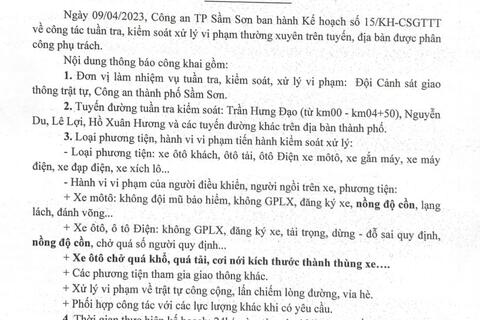Kế hoạch tuần tra kiểm soát xử lý vi phạm TTATGT trên địa bàn thành phố Sầm Sơn từ ngày 10/4/2023 đến 16/4/3023
