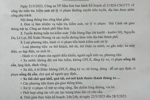 Kế hoạch tuần tra kiểm soát xử lý vi phạm TTATGT trên địa bàn thành phố Sầm Sơn từ ngày 22/5/2023-28/5/2023