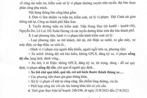 Kế hoạch tuần tra kiểm soát xử lý vi phạm TTATGT trên địa bàn thành phố Sầm Sơn từ ngày 21/8/2023 đến 27/8/2023