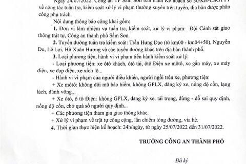 Kế hoạch tuần tra kiểm soát xử lý vi phạm TTATGT trên địa bàn thành phố Sầm Sơn từ ngày 25/7 đến 31/7/2022