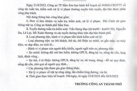 Kế hoạch tuần tra kiểm soát xử lý VP TTATGT trên địa bàn thành phố Sầm Sơn từ ngày 22/8/2022-28/8/2022